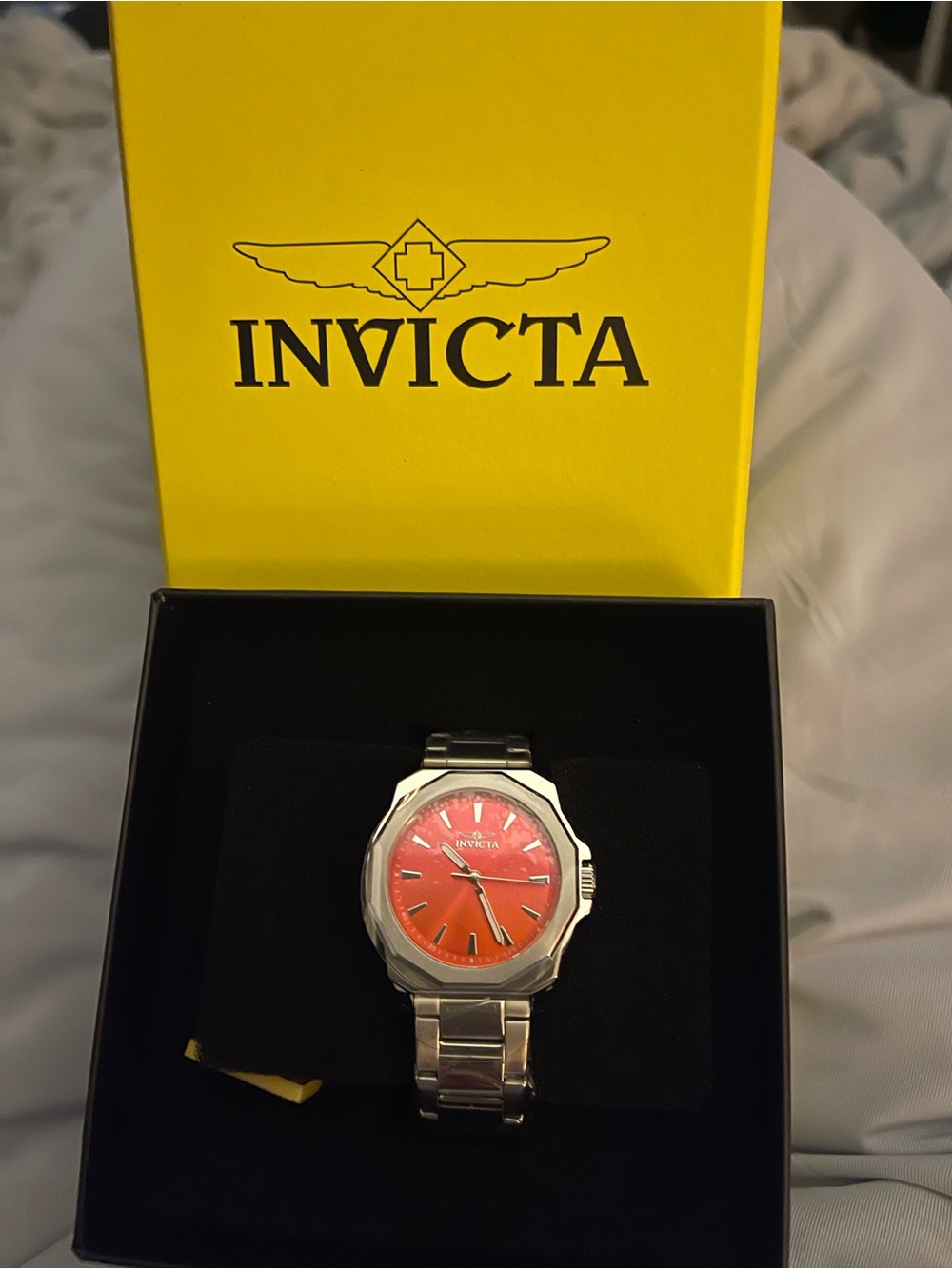 Invicta Silver Bracelet Watch with Orange-Red Dial
